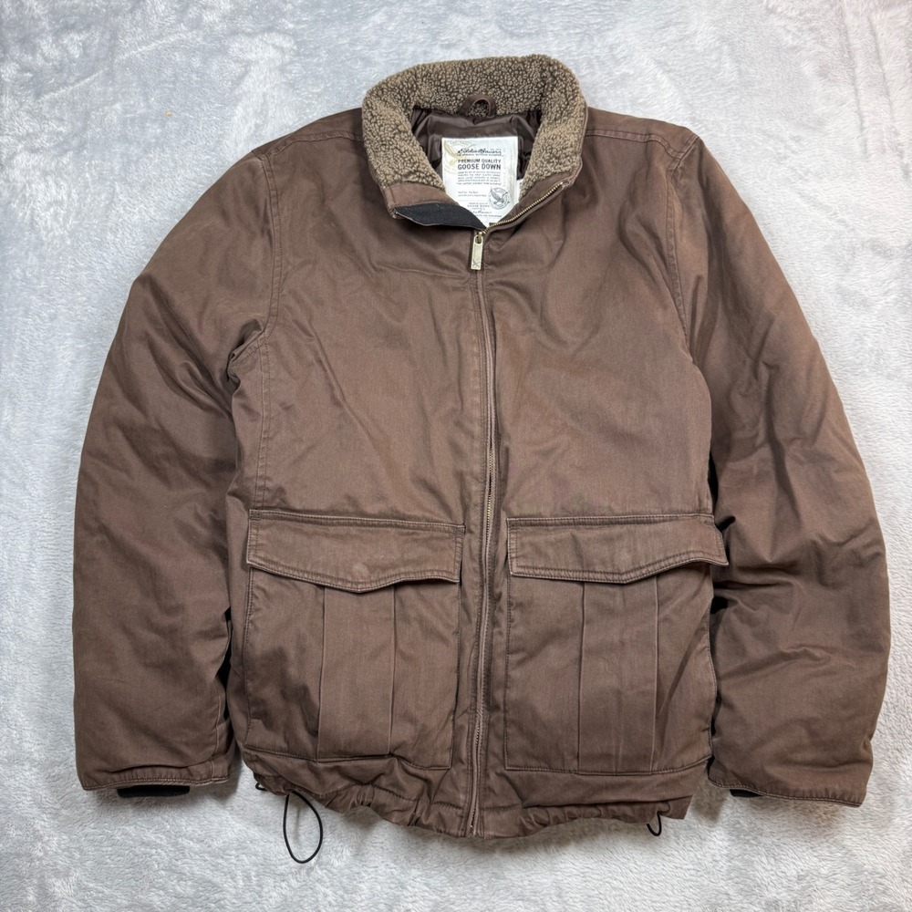 Eddie Bauer Goose Down Jacket Mens M Brown Sherpa Collar Parka Field Outdoor